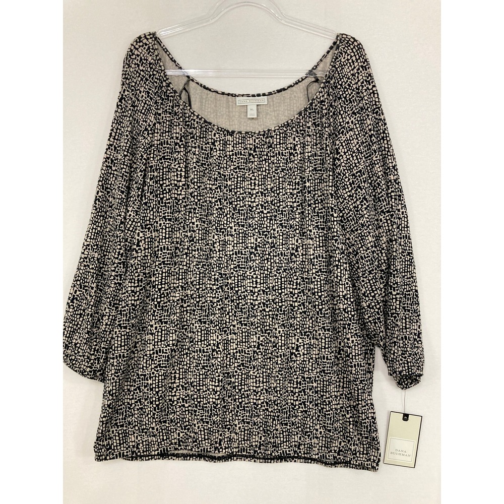 New Dana Buchman Top XL Tan Black Geometric Print Scoop Neck Stretch Knit